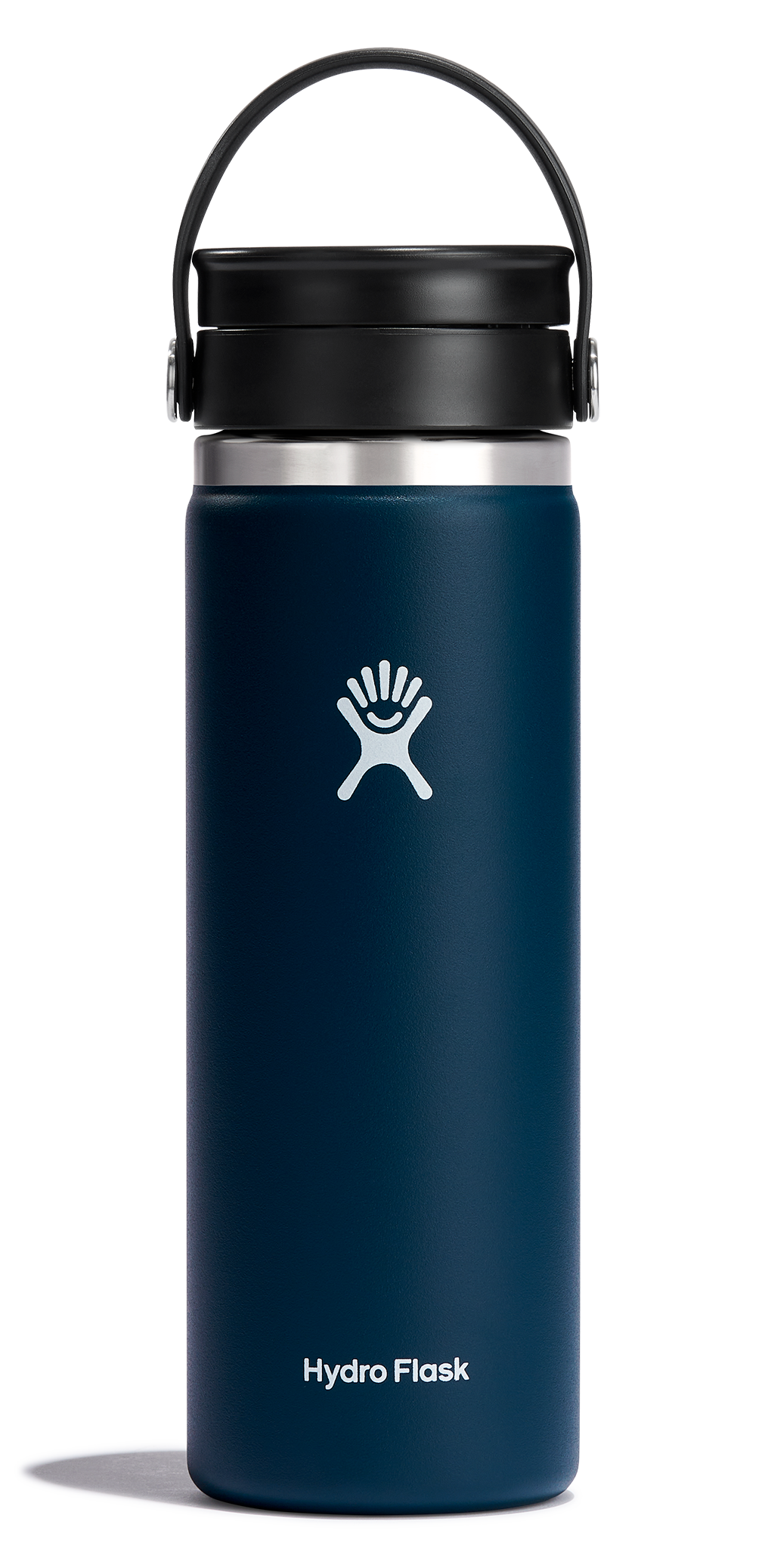 Hydro Flask Wide Mouth Insulated Bottle with Flex Sip Lid in navy, designed to keep drinks hot or cold, cup holder compatible.